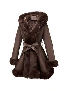 女式 PU 夹克，配有人造毛皮衬里、兜帽和腰带 - 秋冬时尚 - 巧克力棕 - 查看 4
