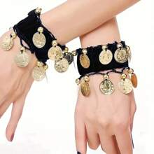 1 par de brazaletes de danza del vientre vibrantes - Accesorios de disfraz de danza coloridos con monedas tintineantes, campanas y patrones florales, perfectos para actuaciones y eventos de danza folclórica, accesorios de danza | Accesorios coloridos | Monedas decorativas, ropa de danza exótica