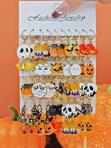 10 Stücke/50 Stücke neue Lustige Halloween Ohrringe, Gothic Schädel, Geistgesicht, schwarze Katze, Kürbis, Fledermaus Ohrhänger Schmuckset aus Zinklegierung für Frauen