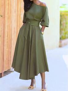 Oversized Flared Long Dress In Plain Colour With Belt For Women, Elegant Dress With Pockets, Bare Shoulders, Lrregular Hem, Fashion Vacation Dresses Summer - Army Green - View 3