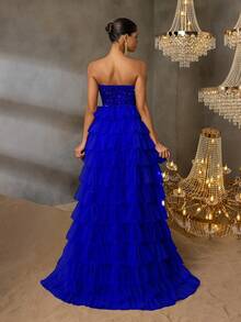 华丽亮片连衣裙，层叠雪纺裙摆，高开衩设计 | 适合正式晚宴、婚礼和戛纳派对的奢华晚礼服 - 寶藍色 - 查看 3