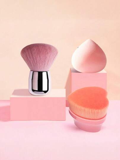 面部美容工具三件套，全脸化妆工具一套，蜜桃妆蛋干湿两用一个，爱心无痕粉底化妆刷一个，无痕魔法化妆刷自然柔软方便携带不吃粉