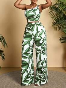 JANE'S Summer Women's Casual Leaf Print One Shoulder Crop Top And Wide Leg Pants 2 Pieces Set Tropical Vacation Outfit - Green - View 5