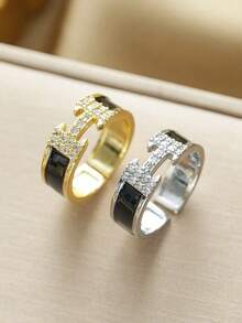 1 件时尚奢华铜 18K 镀金全冰字母 H 形可调节戒指，适合女性约会之夜和正式穿着、结婚周年纪念礼物 - H字母戒指 - 查看 6