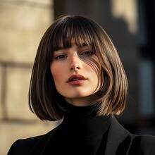 Classic Casual 12" Straight Brown Bob Wig, Synthetic Fibre, Easy Care, For Everyday Wear, Basic Style - 暗棕色 - 查看 2