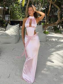 Robe longue fendue dos nu en satin sexy avec taille cintrée, robe de vacances pour femmes