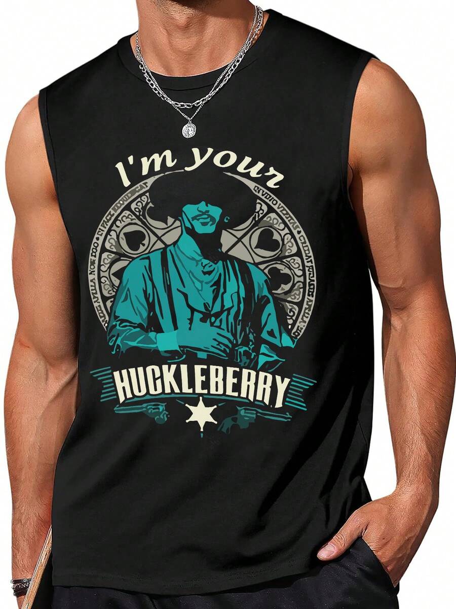 Stylish Men's Tank Top With Unique Huckleberry Finn Personalized Print Vest, Perfect For Casual Summer Wear, Ideal For Fans Of Classic Literature And Is A Great Gift Choice - 黑色 - 查看 1