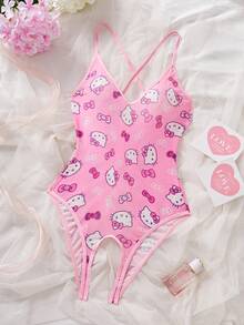 Sanrio 印花蝴蝶结V领透视蝴蝶结泰迪连体衣，性感女士内衣连体衣 - 淺粉色 - 查看 6