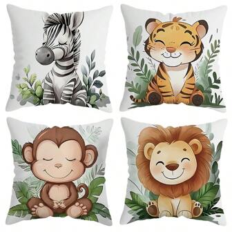 TOPSSCTR 4pcs Whimsical Animal Print Throw Pillow Covers - Zip Closure, Polyester, Vibrant Zebra, Lion, Tiger & Monkey Designs With Green Foliage, Contemporary Home Decor For Sofa & Backrests, Sofa Decor