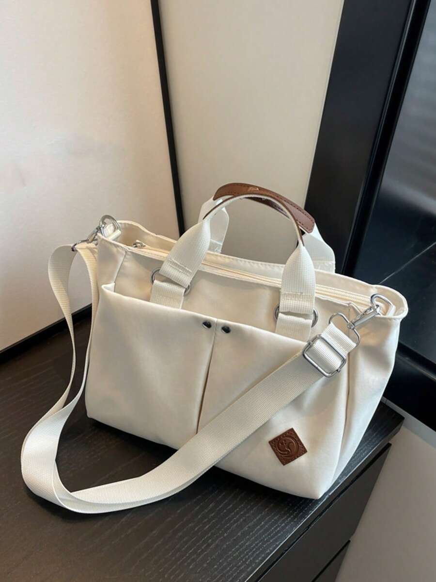新款简约大容量托特包，时尚女士手提包，休闲多口袋单肩包，适合日常使用 - 白色 - 查看 1