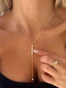 1 件性感钻石镶嵌流苏金色 Y 形项链，适合女士，精致闪亮钻石镶嵌长款金项链，适合女孩，时尚优雅的女士派对珠宝，适合女性全年佩戴 - 金色 - 查看 1