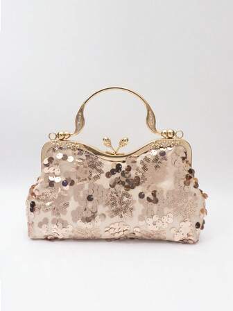 1 st. metalliskt mesh roséguld paljetter och strass blomsterdekor kuvertväska, elegant minimalistisk aftonväska, lämplig för brudar, bröllop, fester, formella tillfällen. Kan användas som present till mamma, lärare, flicka, högtider