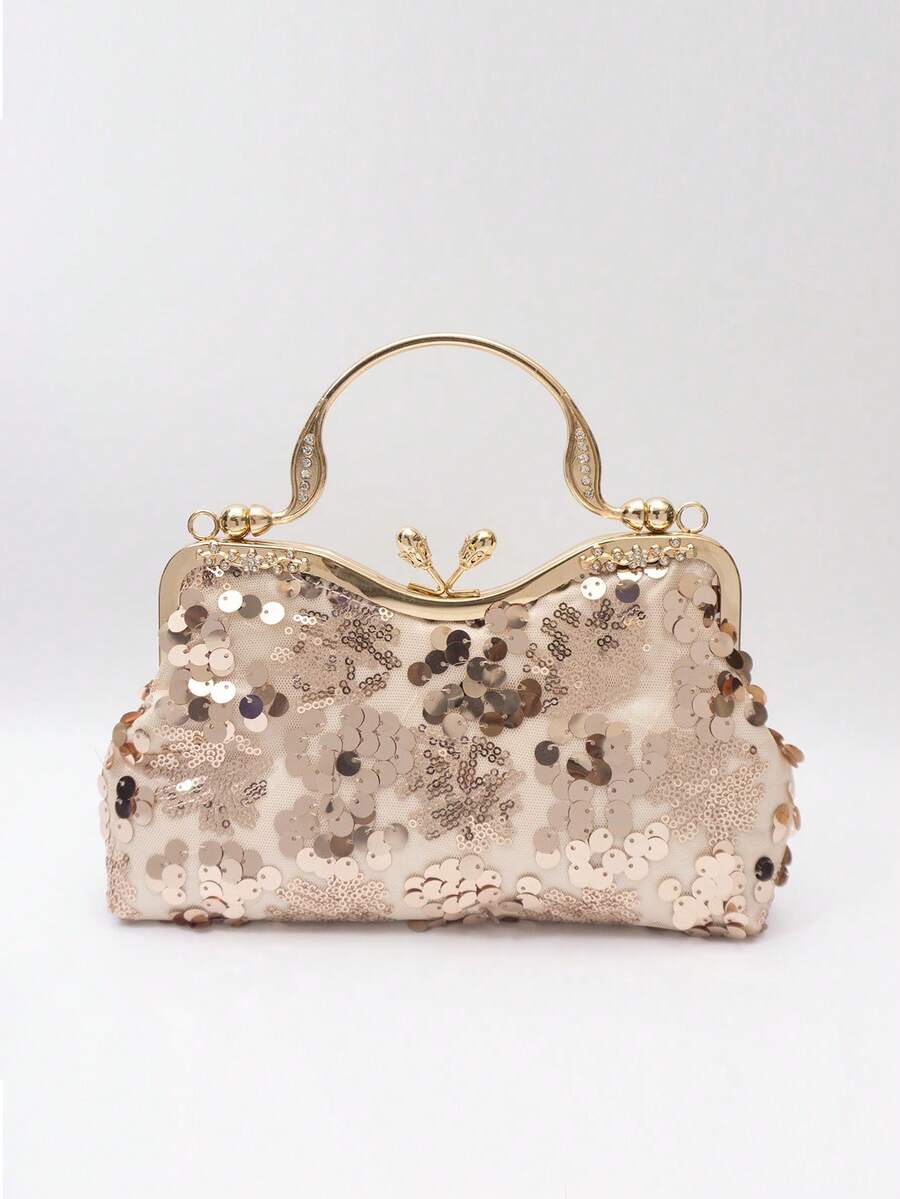 1pc Metallic Mesh Rose Gold Sequins & Rhinestones Flower Decor Clutch Bag, Elegant Minimalist Style Evening Bag, Suitable For Brides, Weddings, Parties, Formal Occasions. Can Be Used As A Gift For Mom, Teacher, Girl, Holiday