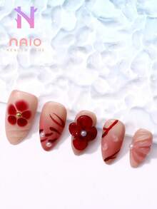 10 Stück/Set kurze Fingernägel in Mandel-Form mit elegantem rotem verschmiertem Blumen-Design, handgefertigte Kunstnägel mit 3D geprägten Blumen, Perlen-Nagel-Accessoires, Frühlings- und Sommer-Aufklebe-Nägel, mittlere Mandel-Form, geeignet für den täglichen Gebrauch, Partys, als Geschenk - Zufälliges Verpackungsdesign Aufklebe-Nägel, Nagel-Zubehör - Verschiedenfarbig - Übersicht 2