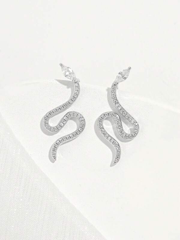 Vaerine 1 Pair Elegant Silver Plated Cubic Zirconia Snake Hoop Earrings, Fashionable Personalized Jewelry Choice For Women Daily, Dating, Party