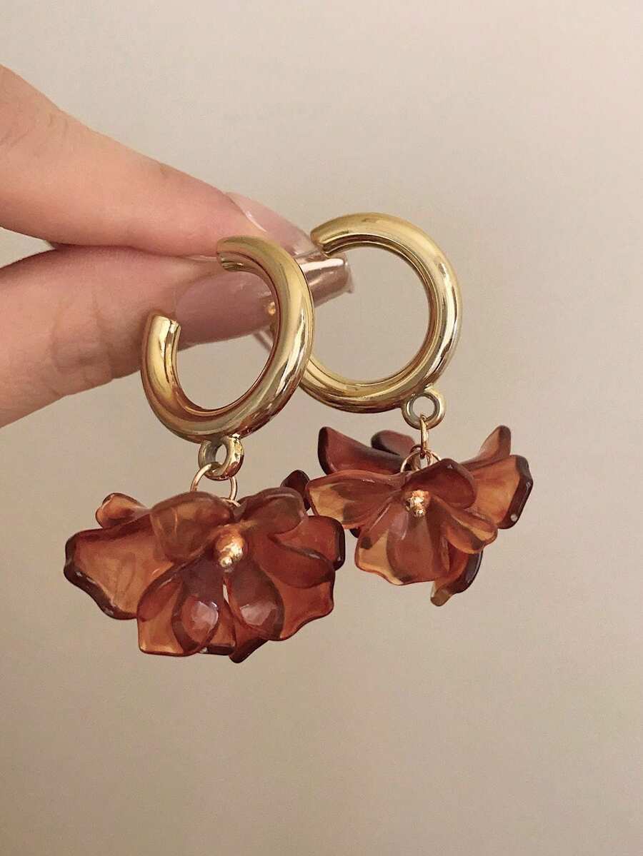 1 对金属环和树脂花复古风格吊坠耳环，优雅派对配饰，适合休闲、节日