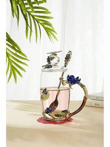 Flower Teacup Transparent Glass Teacup, (With Spoon   Lid), Fancy Tea Cups, Flower Tea Cup,Tea Cup Gift, Gifts For Women,Mother's Day Present,Gift Box. (Rose Blue High Cup) - 玫瑰藍高杯 - 查看 2