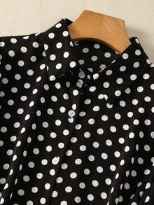 Women's Contrast Polka Dot Button-Front Shirt - Collared Long Sleeve Blouse With Tie Detail For Date Nights/Travel Essentials, All-Season Versatile Wardrobe Must-Have - Black - View 4