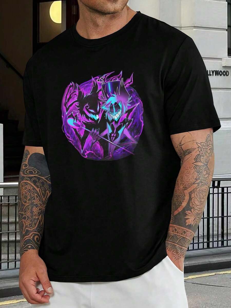 Camiseta de Hazbin Hotel Alastor Vox - Mercancía oficial | Camiseta gráfica única y colorida - Ajuste relajado, algodón de primera calidad | Mercancía para fans de anime y dibujos animados | Camiseta para hombre a la moda - Negro - Ver 1