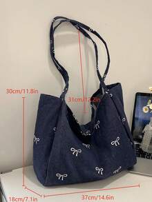 新款韩版休闲时尚百搭蓝色极具吸引力蝴蝶结水洗帆布托特包，适合通勤、旅行、购物、学生返校、大容量甜美女士手提包