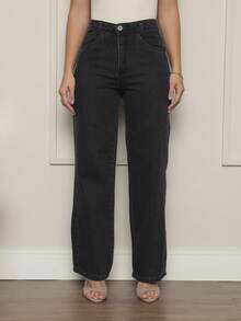 Women's Wide Leg Jeans, 100% Denim Fabric, High Waist On - 燧石 - 查看 1
