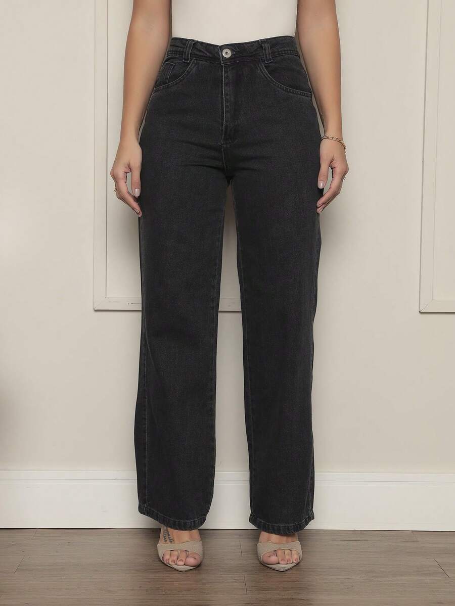 Women's Wide Leg Jeans, 100% Denim Fabric, High Waist On - 燧石 - 查看 1