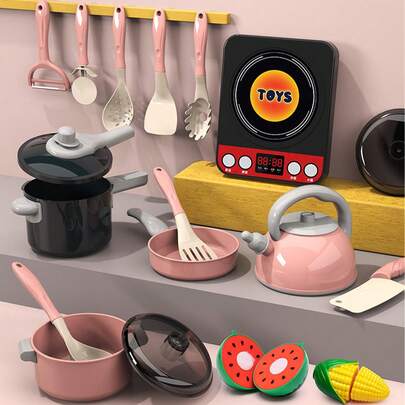 Entzückendes Rollenspielküchen-Spielzeug-Set - Kochgeschirr, Geschirrgeschirr, Spielzeug zum Lebensmittelschneiden, Einkaufskorb - perfektes Lerngeschenk für Mädchen und Jungen! (E-Commerce Verpackung)