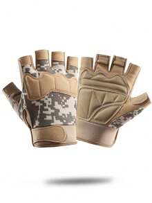 1 Pair Men's Half Finger Gloves, Outdoor Sports Tactical Gloves, Motorcycle Cycling - Khaki Camouflage - View 2