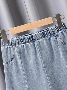 Fusta mini cu pliuri casual din denim pentru fete, versatilă, albastru deschis, primăvară/vară