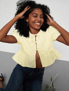 Women's Fashion Casual Mash Solid Coloured Round Neck Bowknot With Ruffled Hem Short Sleeve Shirt - Yellow - View 3