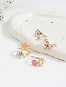 Bộ 4 chiếc/Bộ nhẫn có thể điều chỉnh hình hoa hồng màu hồng đáng yêu, trang trí bằng ngọc trai giả kim cương, bộ nhẫn hoa năm cánh cho phụ nữ - Vàng - Xem 4