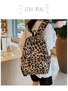 Mochila con estampado de leopardo, estilo Kawaii, diseño sencillo, gran capacidad, ligera, adecuada para estudiantes universitarios, estudiantes de secundaria, mujeres - Marrón - Ver 6