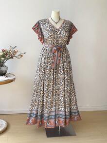 Rusttydustty 加大码复古印花长裙，系腰带短袖 V 领长裙，夏季度假长款花裙 - 彩色 - 查看 5