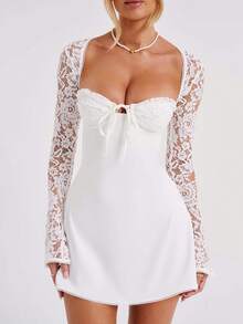 Short Party Dresses For Women Mini Dress Long Sleeve Backless Low-Cut Tie-Up Lace Patchwork Cocktail Dress A-Line Dress - trắng - Xem 1