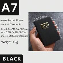 1pc 2026 New A7 Size English Planner Notebook, Mini Portable Pocket Daily Schedule Notebook, 64 Sheets 128 Pages Thin Weekly Calendar Notepad, Includes Annual Calendar, Monthly, Weekly And Daily Plan, PU Leather Cover, 4.17*3.07 Inch, 2026 New Version,School Supplies,Back To School