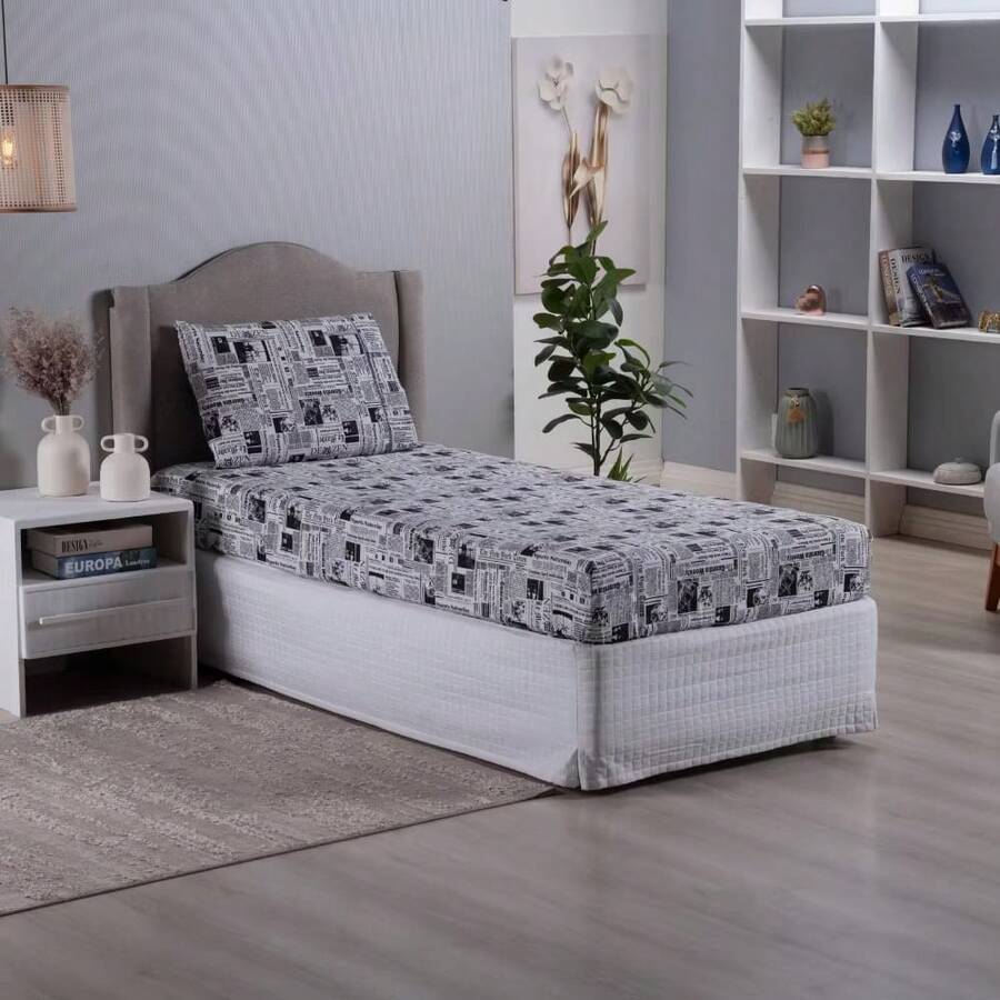 Single Sheet Set With 2 Pieces Printed Cotton Fabric With Elastic All Around And Pillowcase In Matchstick Stitch - Gris Oscuro - Ver 1