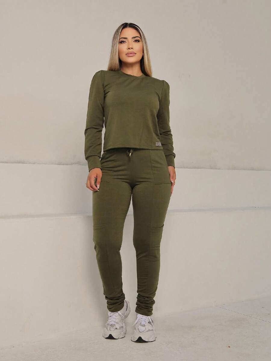 MAYSA Women's Set Sweatshirt 2 Pieces Pants And Long Sleeve Crop Top WINTER - xanh quân đội - Xem 1