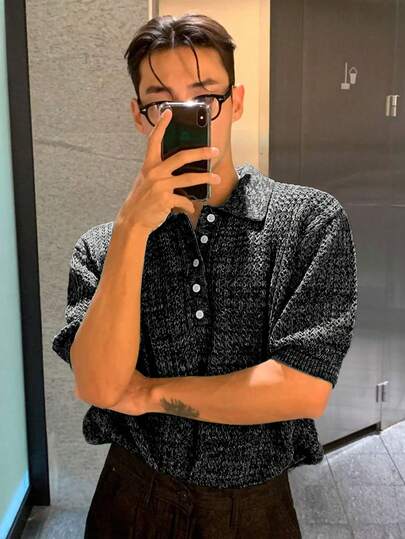 男士纯色短袖单排扣日常休闲宽松针织上衣