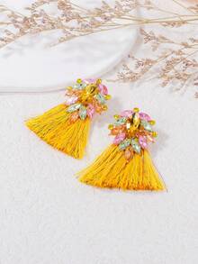 1 Pair Glass Crystal Tassel Earrings, Luxurious Jewelry Vacation Style Earrings For Women - Yellow - View 3