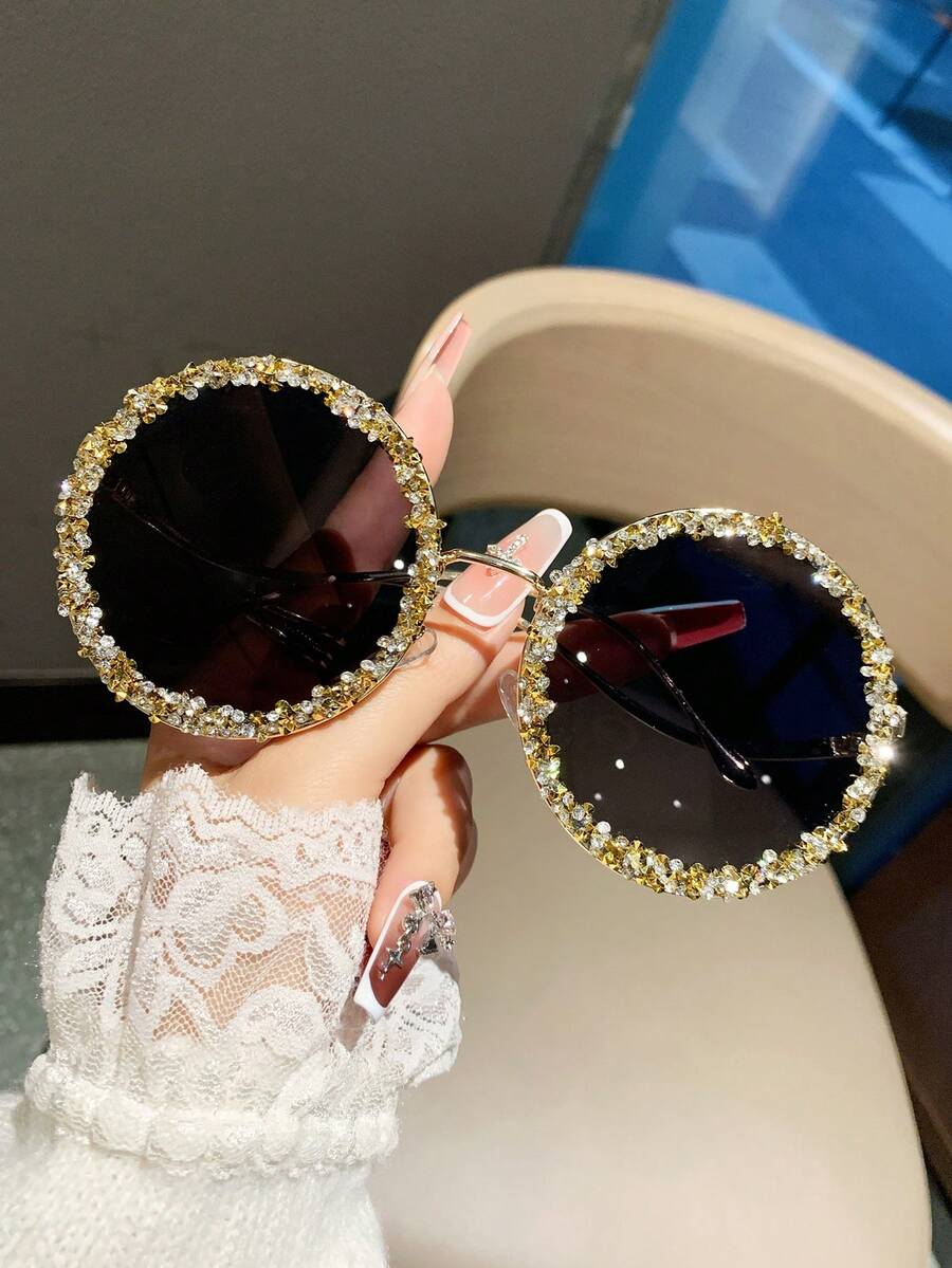 1 chiếc kính mát thời trang tròn kim loại đính đá trang trí cho nữ cỡ lớn cổ điển thanh lịch độc đáo Y2K thời trang, cho kỳ nghỉ khác biệt