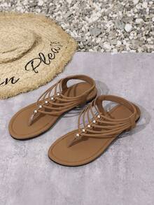 Women's Elastic Band Solid Color Bohemian Fashion PU Leather Beaded Criss-Cross Flat Sandals, Suitable For Party, Beach, Outdoor, Summer,Flip Flops - Yellow Brown - View 9