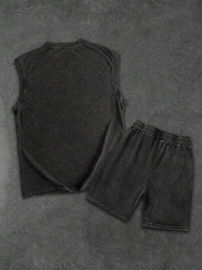 Men's Washed Distressed Tank Top And Shorts Set