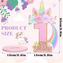 独角兽主题生日数字装饰摆件，适合1~9岁女孩，木质桌面中心装饰品，独角兽主题派对生日周年纪念装饰 - 粉色 - 查看 2