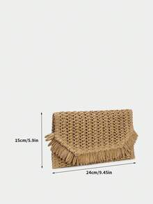 Boho-Stil Stroh gewebte Clutch Handtasche mit Patches und Fransen für Urlaub, Valentinstag