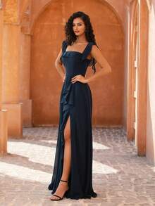 MOEVIO Elegancka damska suknia wieczorowa z odkrytymi ramionami, bufiastymi rękawami i rozcięciem na udzie, idealna dla druhny i gościa weselnego, odpowiednia na bal maturalny, ukończenie szkoły, święta, urodziny i jesień