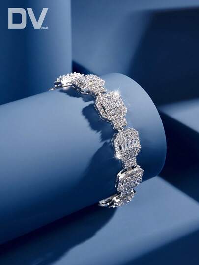 DV JEWELRY 1 件镀白金方晶锆石奢华手链，优雅女士珠宝，适合约会、婚礼、母亲礼物、宴会、周年纪念