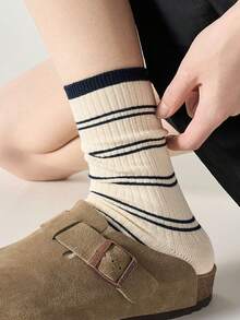 1 双/2 双男女款薄款条纹中筒袜，百搭休闲袜，适合日常穿着，秋季 - 彩色 - 查看 3