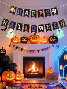 1set Halloween Hanging Paper Banner, Happy Halloween Pulling Flags, Halloween Hanging Flag Banner For Halloween Party Decor Home Decoration Room Decor, Halloween Party Background Decoration Hanging Flags, Halloween Party Photo Props, Background Decor, Holiday Decor, Halloween Decor, Party Favor