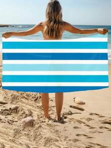 1pc Blue & White Striped Beach Towel, Super Absorbent & Fast Drying, Suitable For Travel, Swimming, Yoga, Camping, Available In Multiple Sizes, Beach Accessory Beach Essentials - Blue and White - View 7