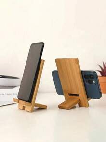1pc Bamboo Phone Stand, Natural Material, Desktop Organizer & Charging Station Compatible With All Smartphones - Original Bamboo Color - View 1